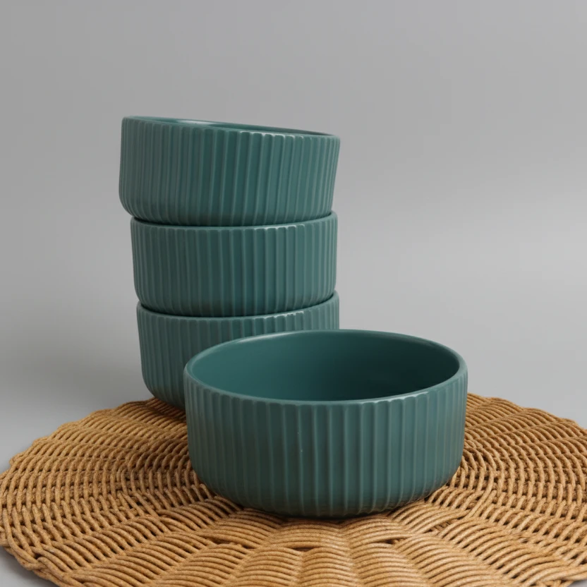 6 Piece Ribbed Ceramic Bowls in Teal Blue Kitchen & Dining Bowls