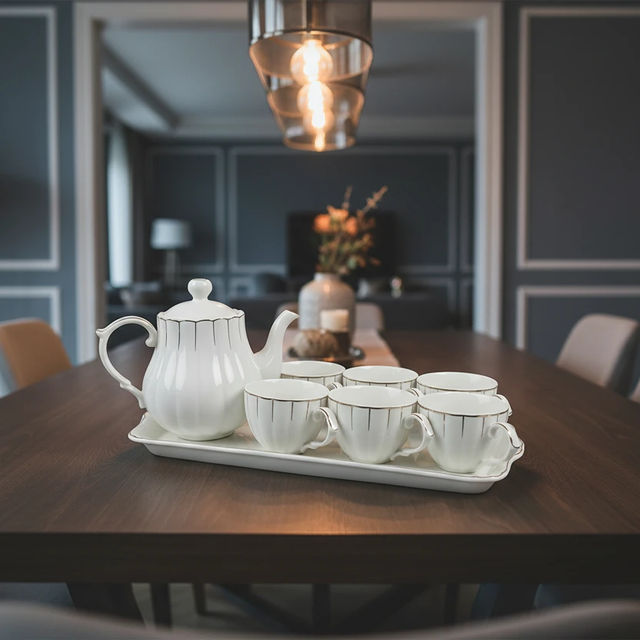 Cup Set - Ceramic 6 Cups with Kettle & Tray Gold Trim Kitchen & Dining Tea Sets