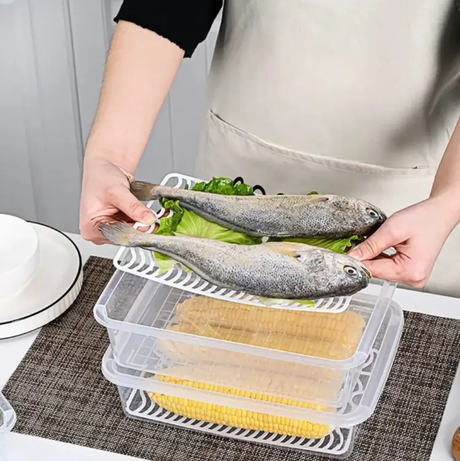 Stackable Fridge Storage Box with Removable Drain Plate Clear PP Meat Fish Vegetables Kitchen & Dining Food Storage Containers