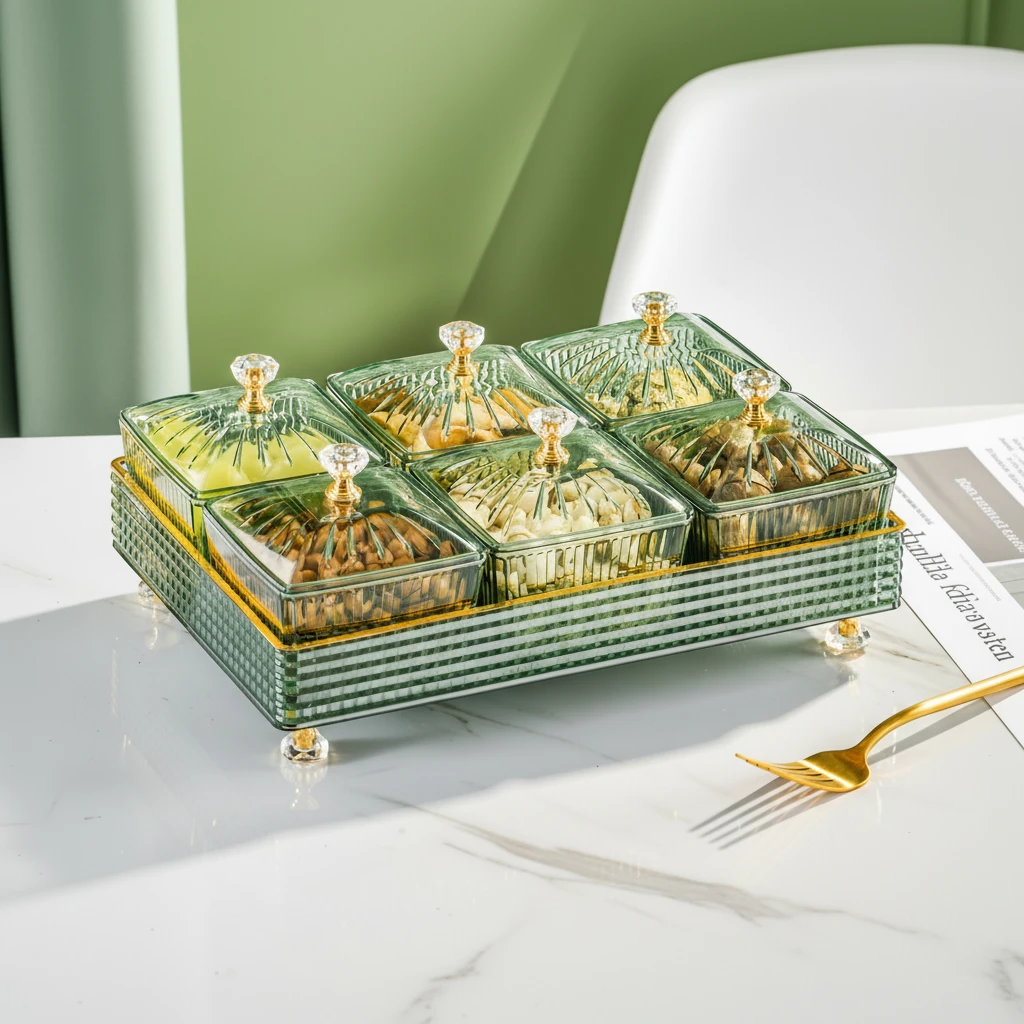 7-Piece Acrylic Square Candy Serving Bowl Set with Dome Lids Crystal Diamond Knobs Gold Trim Rectangular Tray Black Green Kitchen & Dining Serving Trays