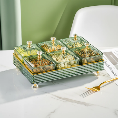 7-Piece Acrylic Square Candy Serving Bowl Set with Dome Lids Crystal Diamond Knobs Gold Trim Rectangular Tray Black Green Kitchen & Dining Serving Trays
