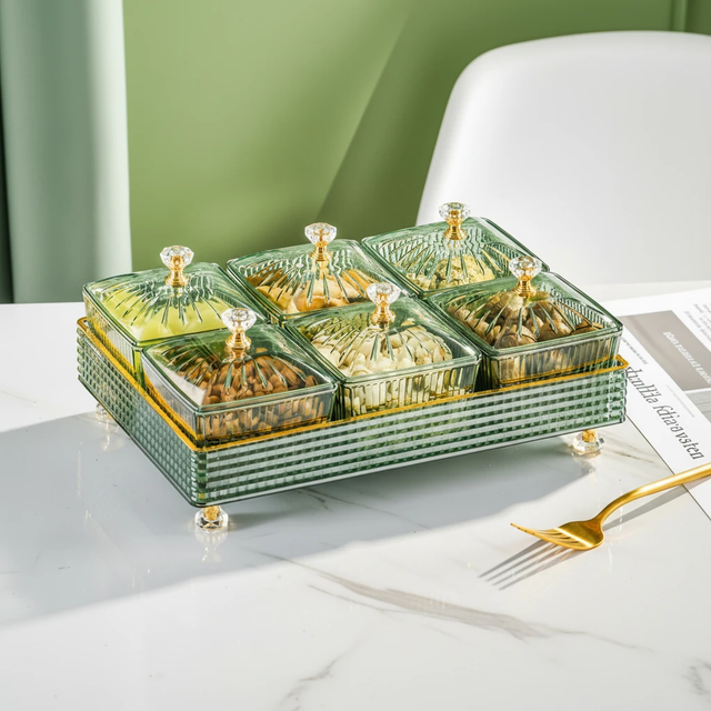 7-Piece Acrylic Square Candy Serving Bowl Set with Dome Lids Crystal Diamond Knobs Gold Trim Rectangular Tray Black Green Kitchen & Dining Serving Trays