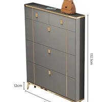 Shoe Cabinet - Bucket Flip 4-Door Gold Detail 100x24x132.5cm Grey White Furniture Shoe Organizers