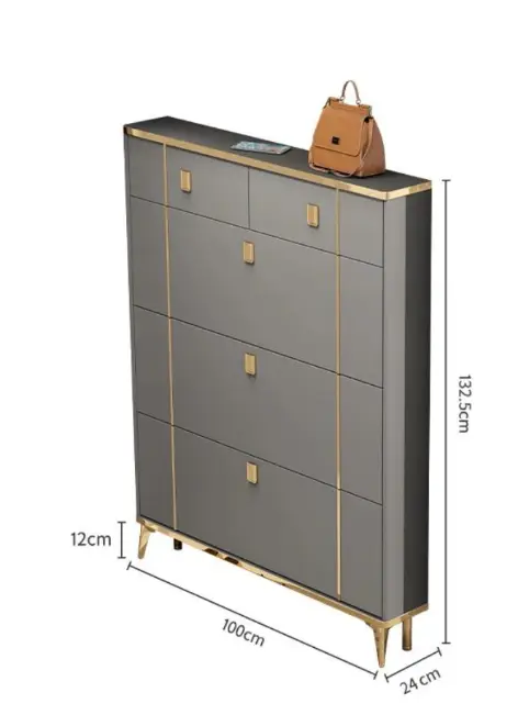 Shoe Cabinet - Bucket Flip 4-Door Gold Detail 100x24x132.5cm Grey White Furniture Shoe Organizers