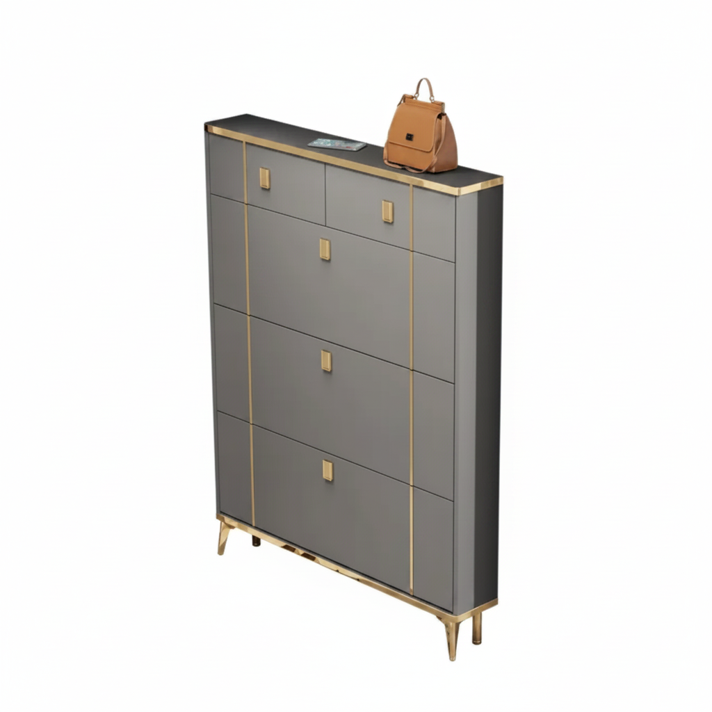 Shoe Cabinet - Bucket Flip 4-Door Gold Detail 100x24x132.5cm Grey White Furniture Shoe Organizers
