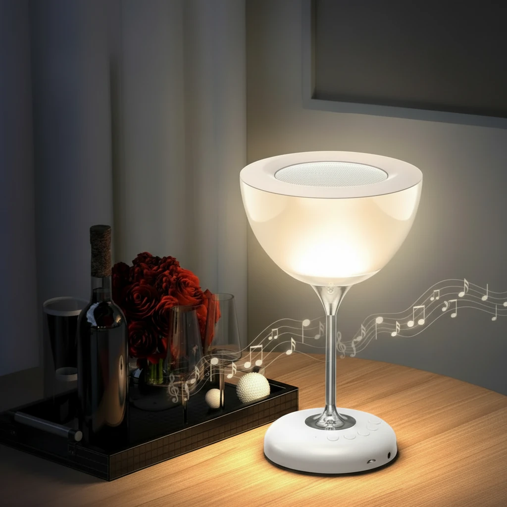 Wine Glass Bluetooth 5.0 Speaker LED Bedside Lamp 6 Colour Atmospheric Light FM Radio USB White Gold Home & Garden Bedside Lamps