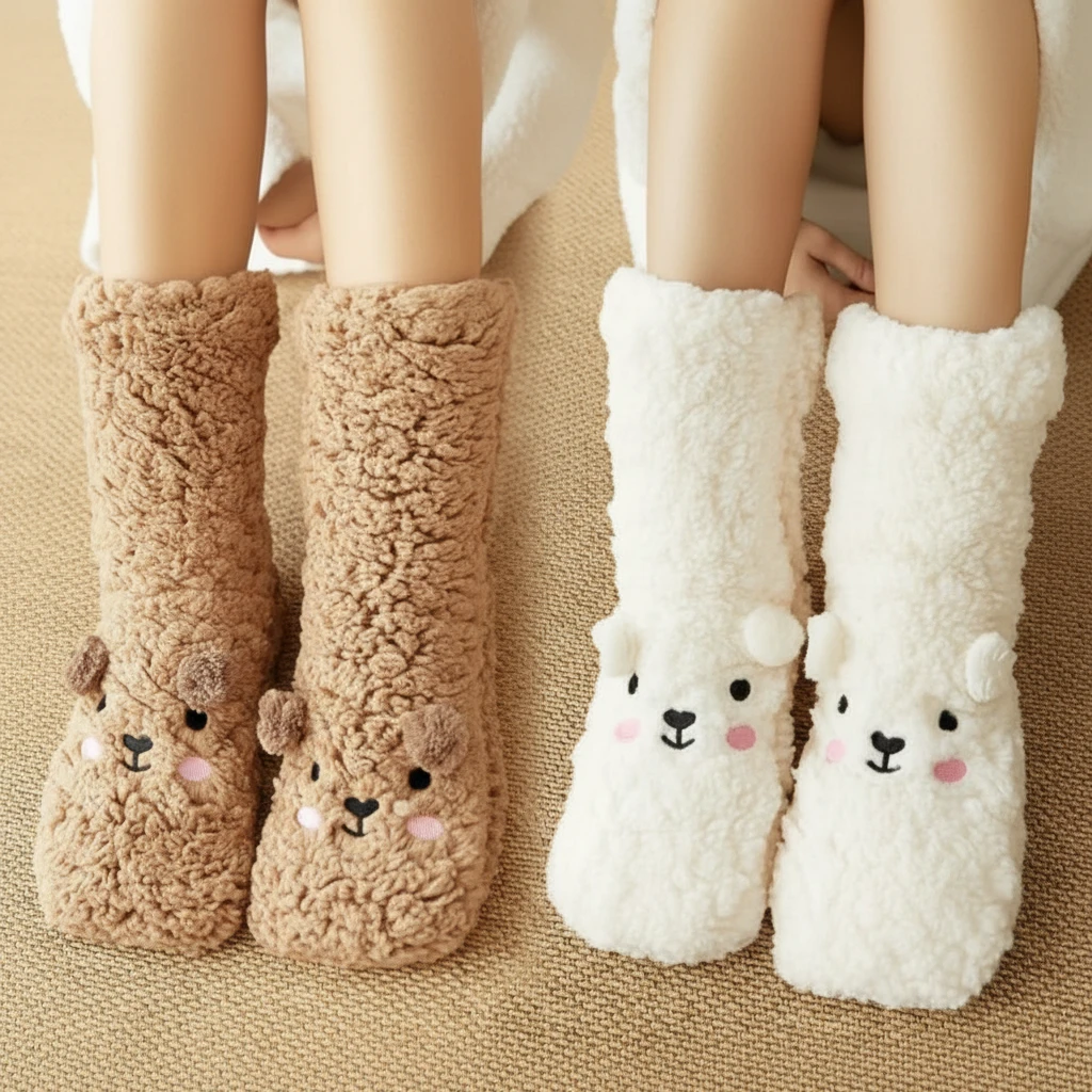 Fluffy Bear Slipper Socks Anti-Slip Sherpa Mid-Calf Home & Garden Crew Socks