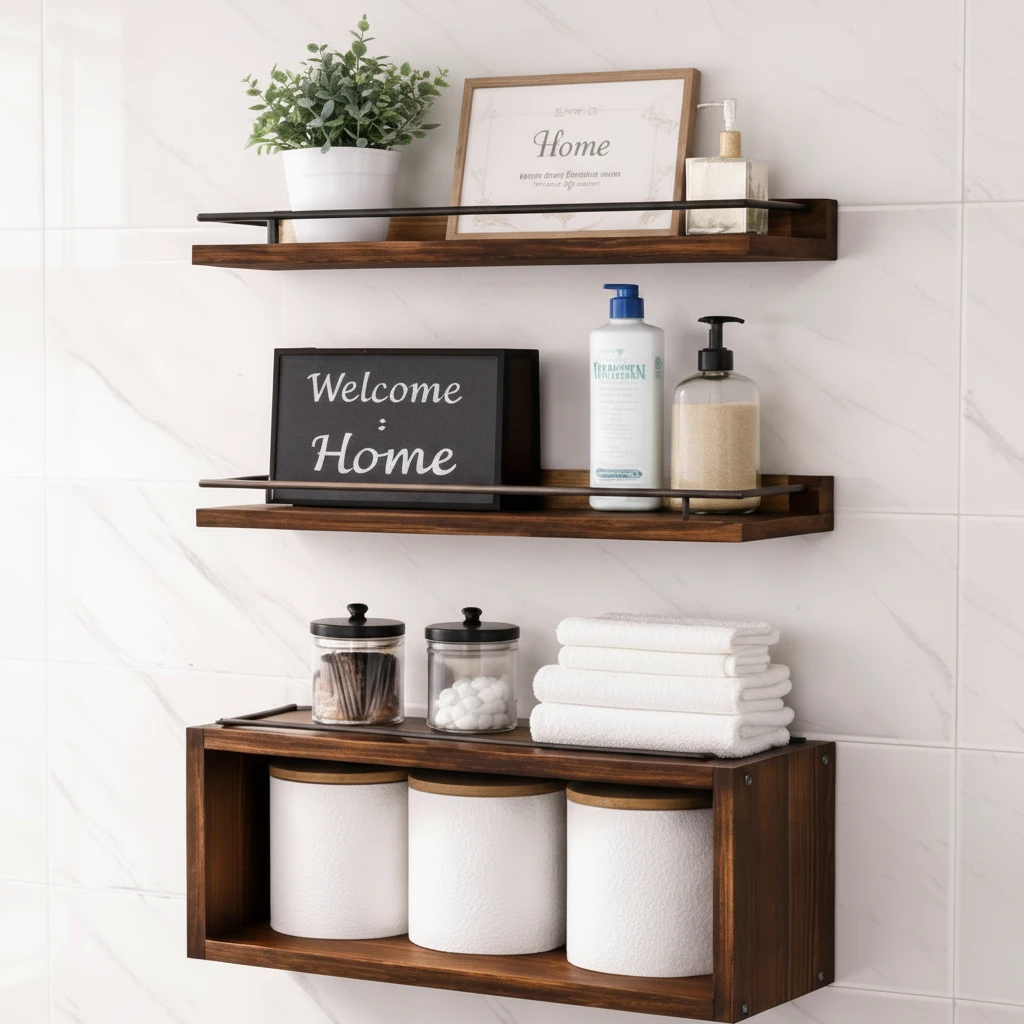3-Tier Solid Pine Wood Bathroom Floating Shelves 40cm Wall Mounted Storage Home & Garden Floating Wall Shelves & Ledges