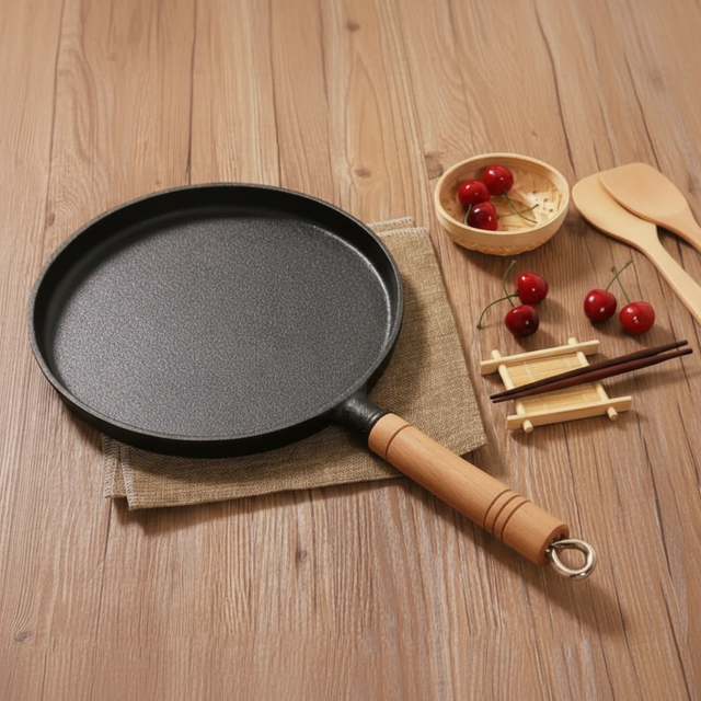 26cm Cast Iron Chapati Pan with Wood Handle Non-Stick Multipurpose Kitchen & Dining Griddles & Grill Pans