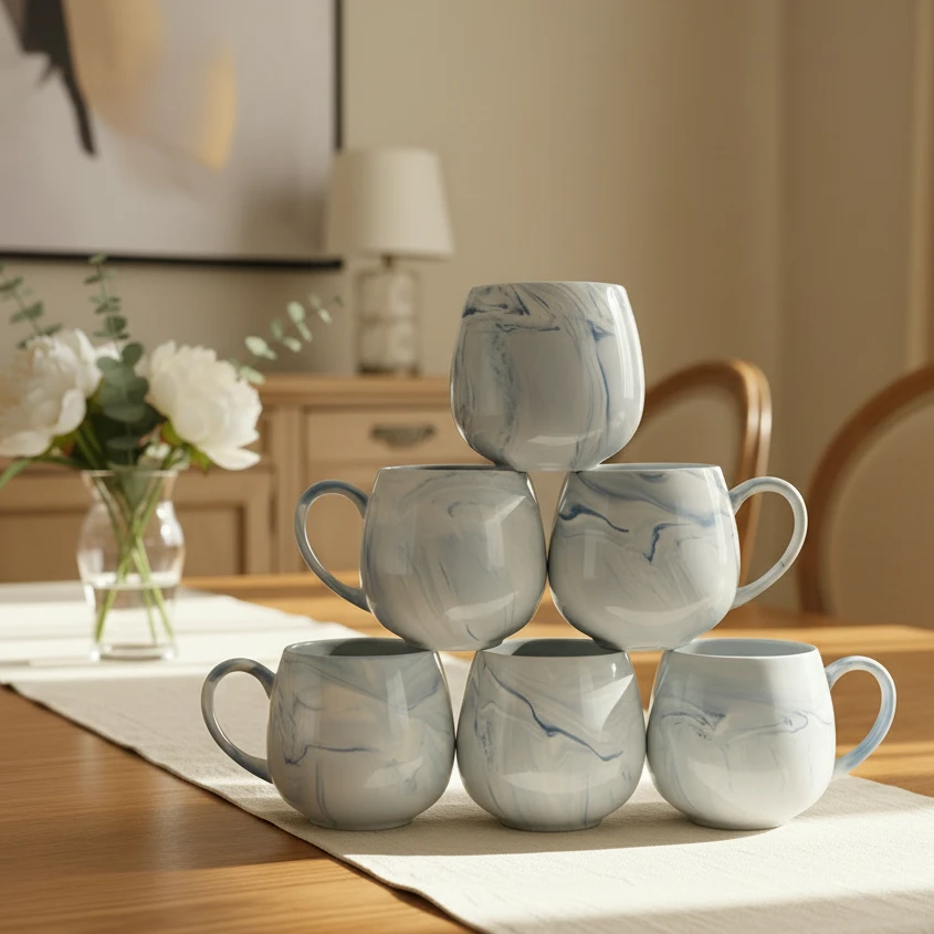 6 Piece Marble Pattern Ceramic Mug Set 380ml Kitchen & Dining Mugs