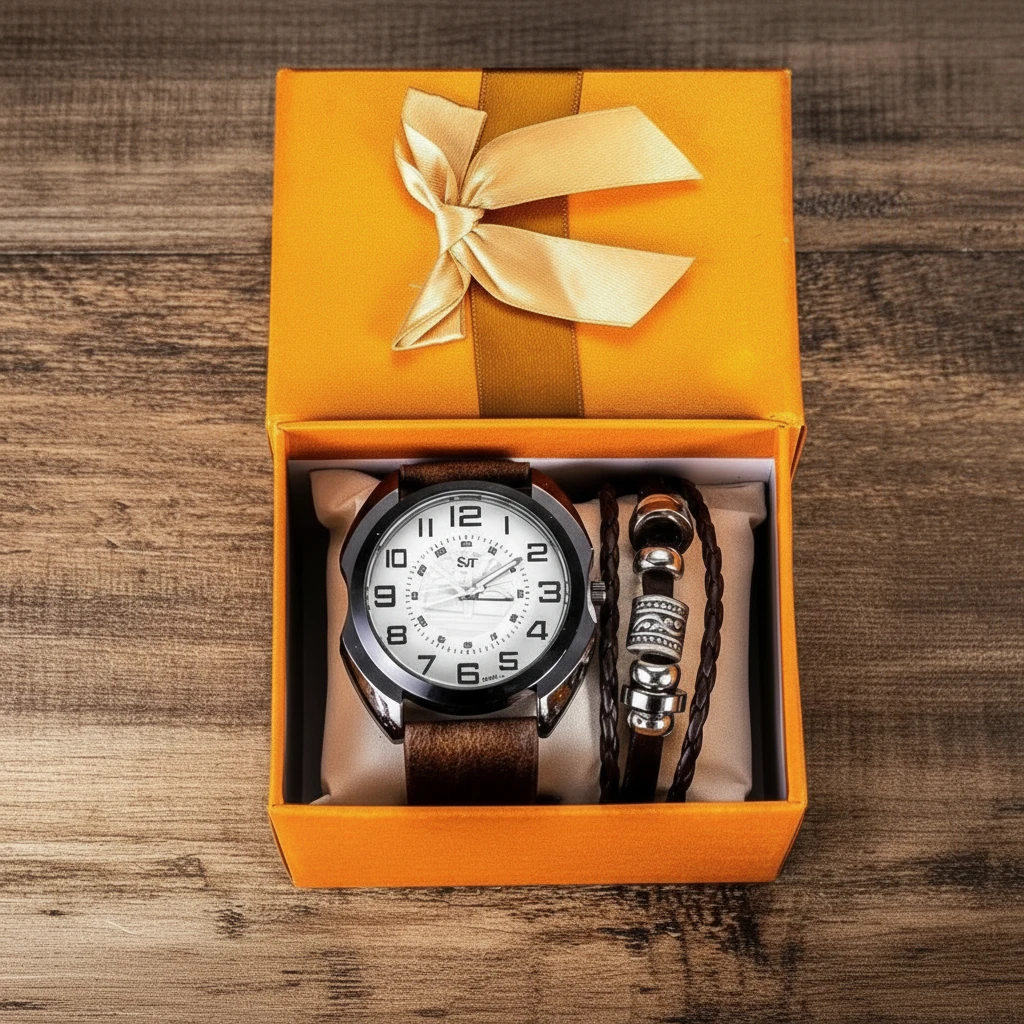 Men's Quartz Watch & Leather Bracelet Gift Set Brown Black Bags & Accessories Jewelry Sets