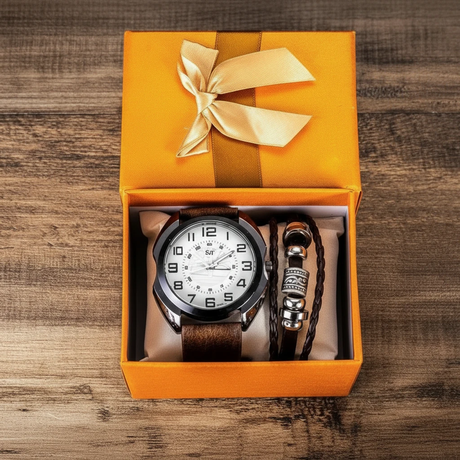 Men's Quartz Watch & Leather Bracelet Gift Set Brown Black Bags & Accessories Jewelry Sets