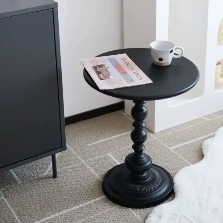 Side Table - Retro Iron Turned Pedestal Round Matte Black Furniture End Tables