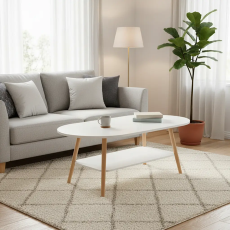 Scandinavian Oval Two-Tier Coffee Table with Wood Legs Coffee Table Coffee Tables