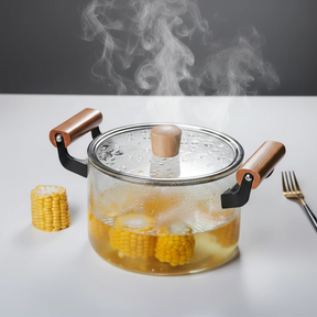 Borosilicate Glass Cooking Pot 2.5L Wooden Handles Glass Lid Clear Kitchen & Dining Casserole Dishes