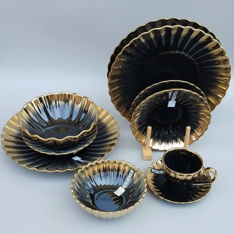 36pcs Nordic Classy Dinner Set with Gold Rim Black and Gold Porcelain Kitchen & Dining Dinnerware Sets