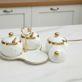 Sugar Canister Set - 3-in-1 Ceramic with Triangle Stand & Gold Trim Kitchen & Dining Food Storage Containers