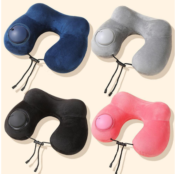 Air Inflatable Travel Neck Pillow with Massage Button and Dust Bag