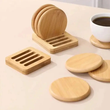 Coaster Set - 6-Piece Round Bamboo 10cm with Slatted Holder Rack Natural Finish Kitchen & Dining Coasters