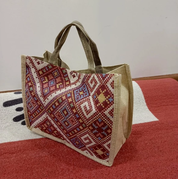 Geometric Print Pattern Tote Bag Jute Canvas Smart Casual 34x17x28cm Bags & Accessories Tote Bags