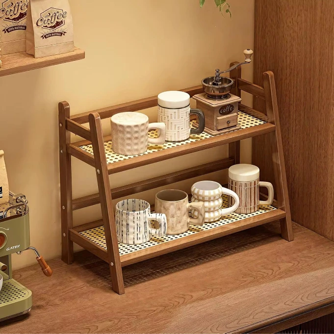 2-Tier Bamboo A-Frame Countertop Storage Rack Wicker Shelf Light Dark Brown Kitchen & Dining Kitchen Organizers