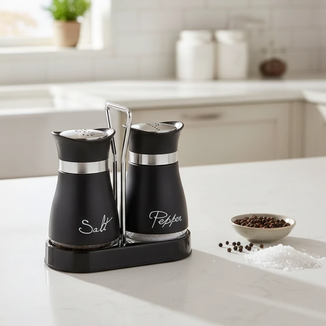 Glass Salt and Pepper Shaker Set with Chrome Holder and Stand Kitchen & Dining Shaker Sets