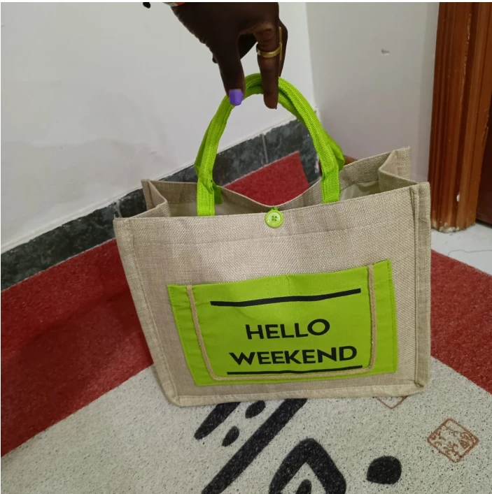 Hello Weekend Tote Bag Jute Canvas Smart Casual with Front Pocket 35x18x30cm Bags & Accessories Tote Bags