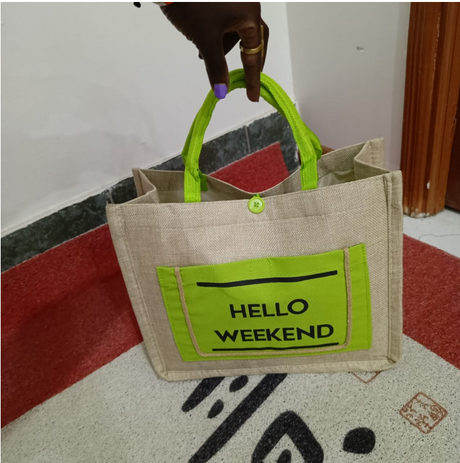 Hello Weekend Tote Bag Jute Canvas Smart Casual with Front Pocket 35x18x30cm