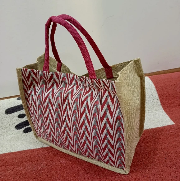 Geometric Print Pattern Tote Bag Jute Canvas Smart Casual 34x17x28cm Bags & Accessories Tote Bags