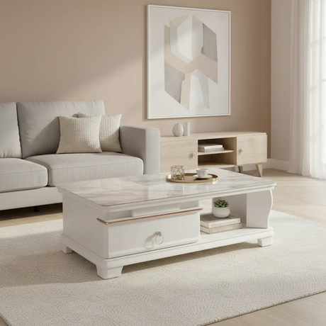 Coffee Table - Green Marble Effect Top 1-Drawer with Silver Edge and Open Shelf Furniture Coffee Tables