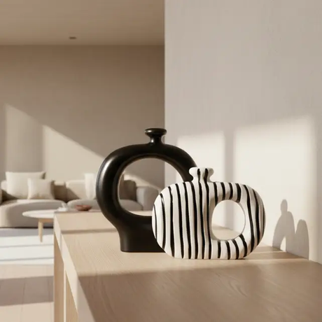 Midnight Loop Sculptural Ceramic Vase Set Matte Black Stripe White Set of 2 Home & Garden Vases