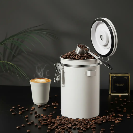 Airtight Stainless Steel Coffee Bean Canister CO2 Valve 1800ml White 16.5x15.5cm + Scoop Kitchen & Dining Food Storage Containers