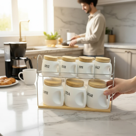7-Piece Labelled Ceramic Canister Set with Bamboo Lids and Chrome Rack Kitchen Storage Kitchen & Dining Food Storage Containers