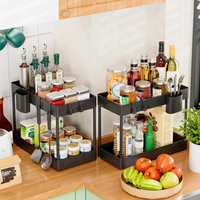 2 Tier Multi-Purpose Pull-Out Storage Rack with Side Hooks Kitchen & Dining Kitchen Organizers