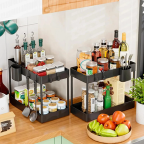 2 Tier Multi-Purpose Pull-Out Storage Rack with Side Hooks Kitchen & Dining Kitchen Organizers