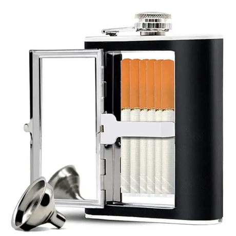 Hip Flask - 2-in-1 Stainless Steel with Hidden Cigarette Case and Funnel Black Silver Lifestyle & Accessories Flasks