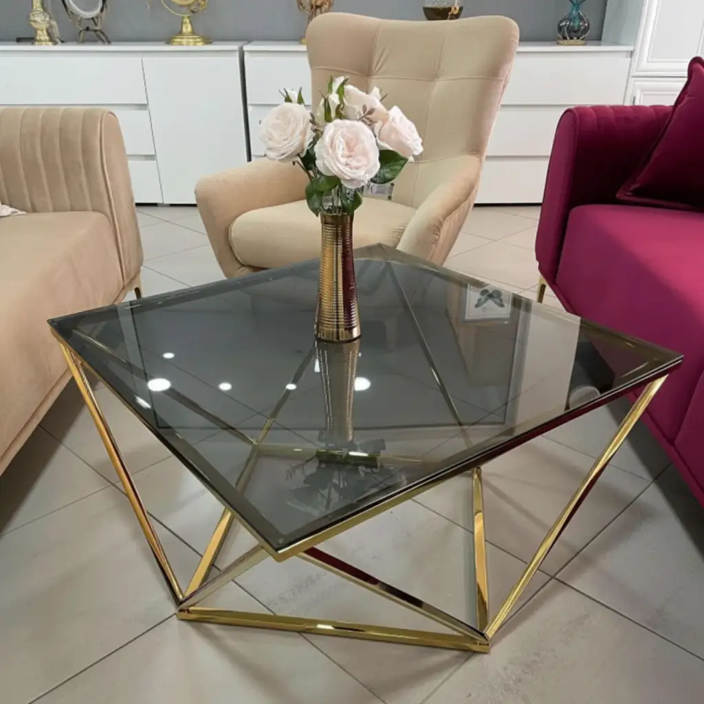 Coffee Table - Hexagonal Smoked Glass Top with Gold Geometric Steel Base Furniture Coffee Tables