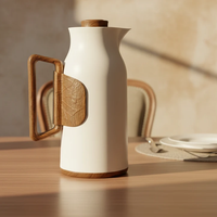 1L Vacuum Flask with Wood Handle White Elegant Thermal Carafe Kitchen & Dining Thermoses