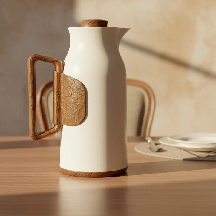 1L Vacuum Flask with Wood Handle White Elegant Thermal Carafe Kitchen & Dining Thermoses