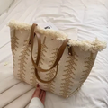 Summer Tassel Fringe Canvas Tote Bag Large Shoulder Bag Tan Leather Handles Cream Natural Bags & Accessories Beach Bags