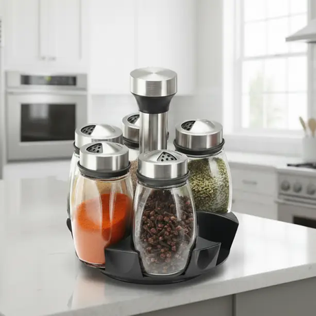 7pc Rotating Spice Jar Set 6 Glass Jars Stainless Steel Lids Lazy Susan Stand Kitchen & Dining Spice Organizers