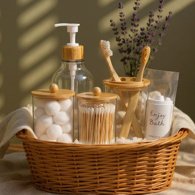 Bathroom Accessories - 4-Piece Bamboo Set Rustic Boho