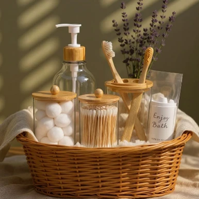 Bathroom Accessories - 4-Piece Bamboo Set Rustic Boho Home Decor Bathroom Accessory Sets