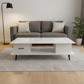 Marble-Print Coffee Table with Drawer & Caster Wheels Coffee Table Coffee Tables