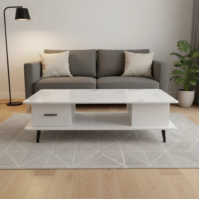 Marble-Print Coffee Table with Drawer & Caster Wheels Coffee Table Coffee Tables
