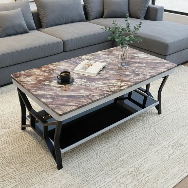 Coffee Table - LSC071 Marble Effect Top 2-Tier with Curved Black Legs Brown Rose Furniture Coffee Tables