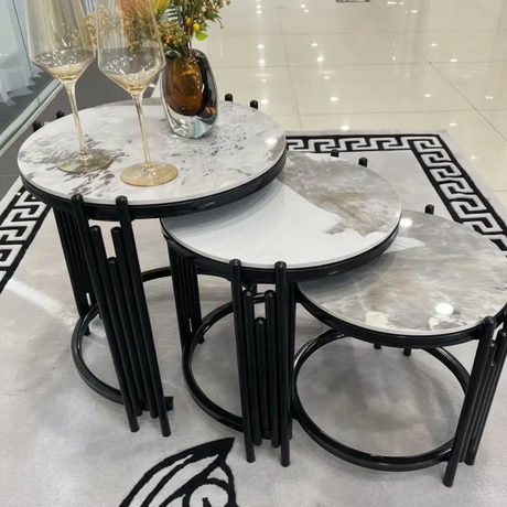 Nesting Tables - 3-in-1 Nordic Marble Top with Black Metal Arch Base Set of 3 Furniture End Tables