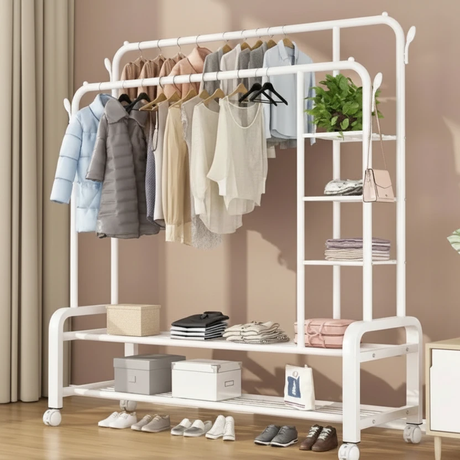 Double Pole Garment Rack Floor Standing 150x162x50cm with 4 Wheels Shelves White Black Home & Garden Garment Racks
