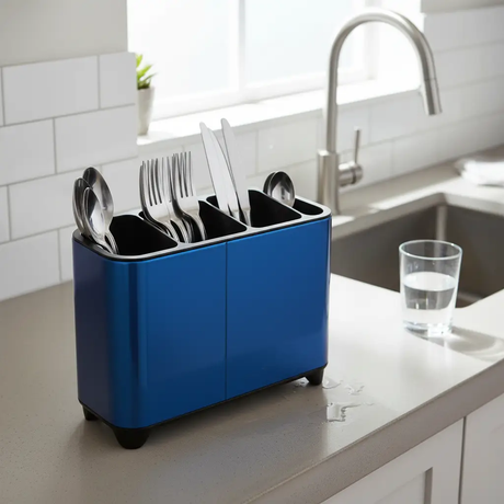 Royal Blue Stainless Steel 4 Slot Cutlery Holder Rectangular Organizer Kitchen & Dining Utensil & Flatware Trays