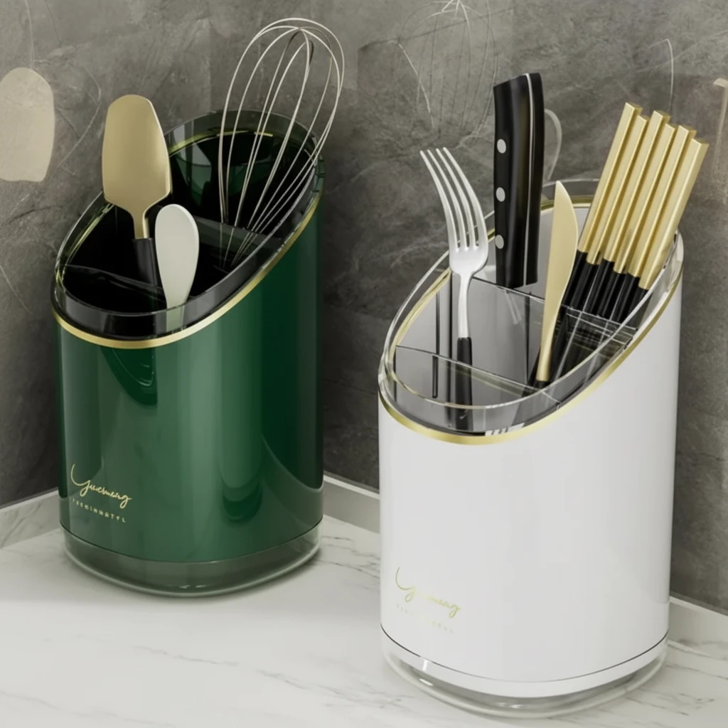 Luxury Acrylic Cutlery Holder with Gold Trim Multi-Compartment Kitchen & Dining Kitchen Utensil Holders